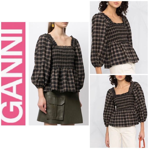 GANNI Babydoll Checked Seersucker Puff-sleeve Smocked Boho Blouse Size 34 - Picture 1 of 10